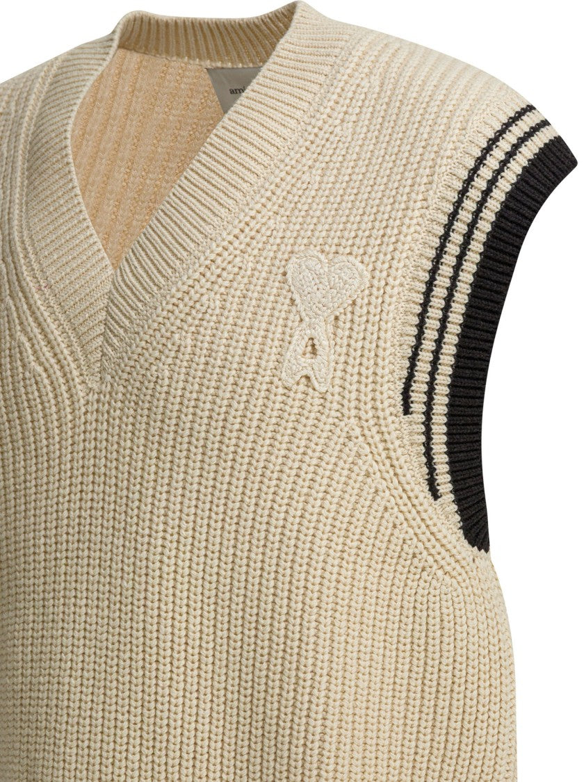 Ami Paris Sleeveless Chunky Ribbed Knitwear With V-Neckline