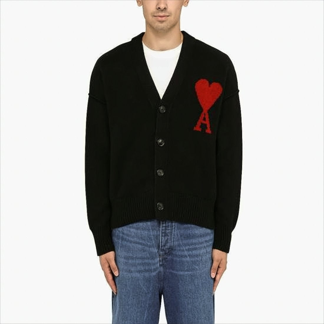 Ami Wool Cardigan With Deep V-Neckline And Heart Motif