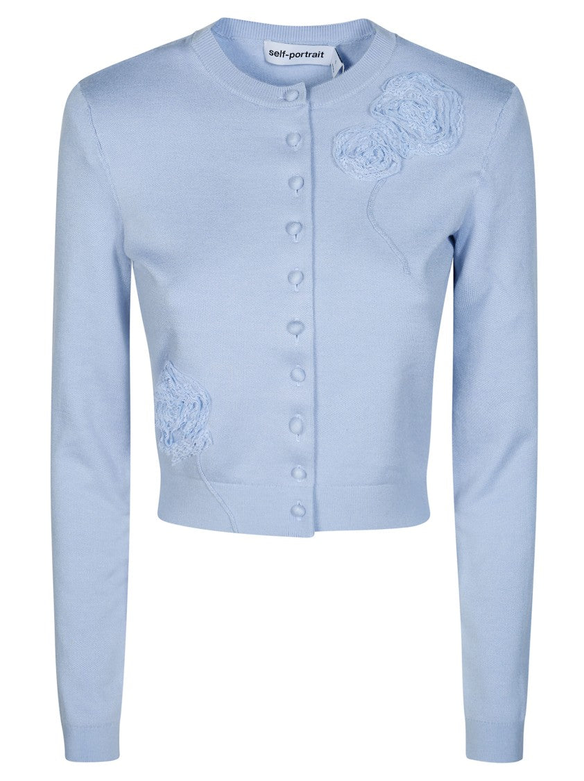 Self-Portrait Blue Flower Appliqué Cropped Knit Cardigan