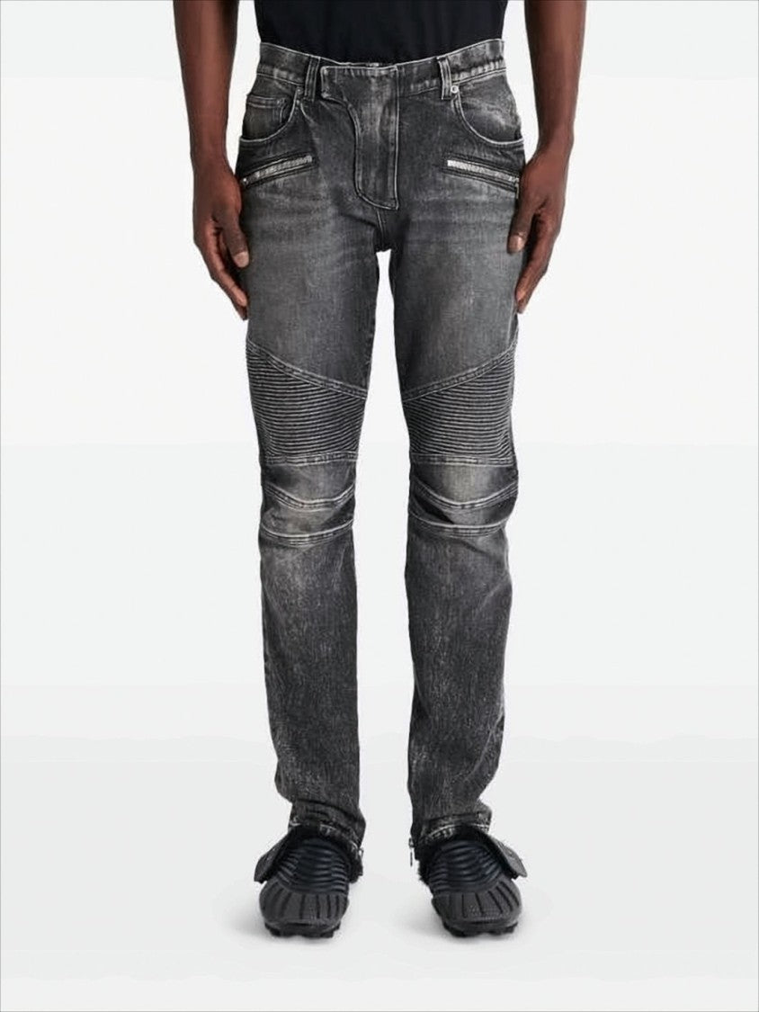 Balmain Slim Fit Distressed Denim Pants With Ribbed Detailing