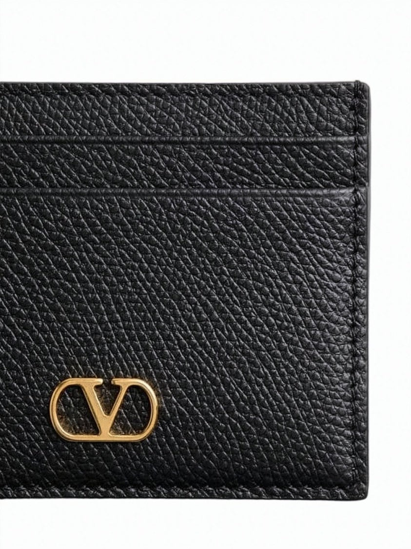 Valentino Garavani Textured Calf Leather Cardholder With Gold-Tone Logo Accent