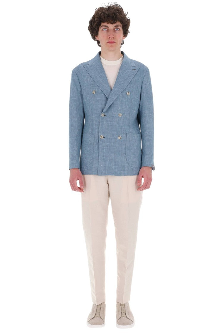 Barba Light Blue Double-Breasted Textured Blazer