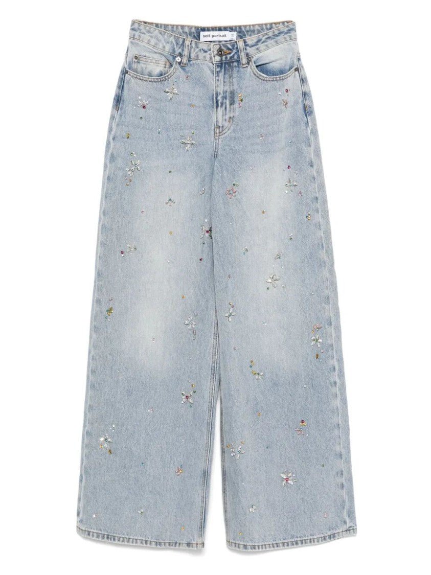 Self-Portrait Embellished Wide Leg Jeans