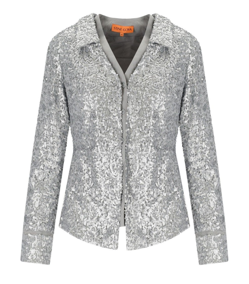 Stine Goya Silver Sequined Shirt With Double Collar And Pockets