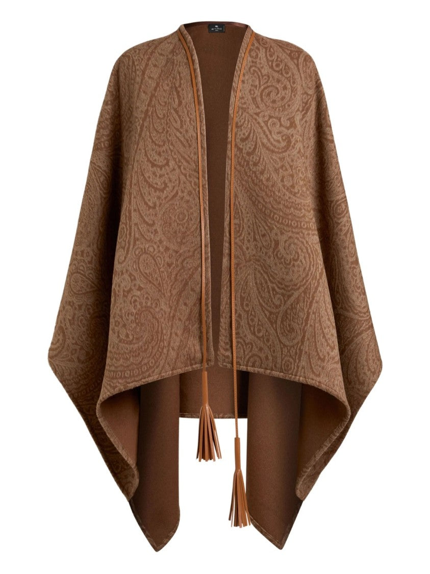 Etro Brown Paisley Pattern Cape With Leather Trim
