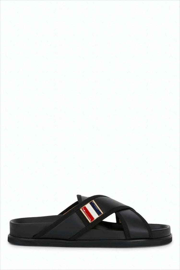 Thom Browne Black Calf Leather Sandals With Crossed Straps And Signature Emblem