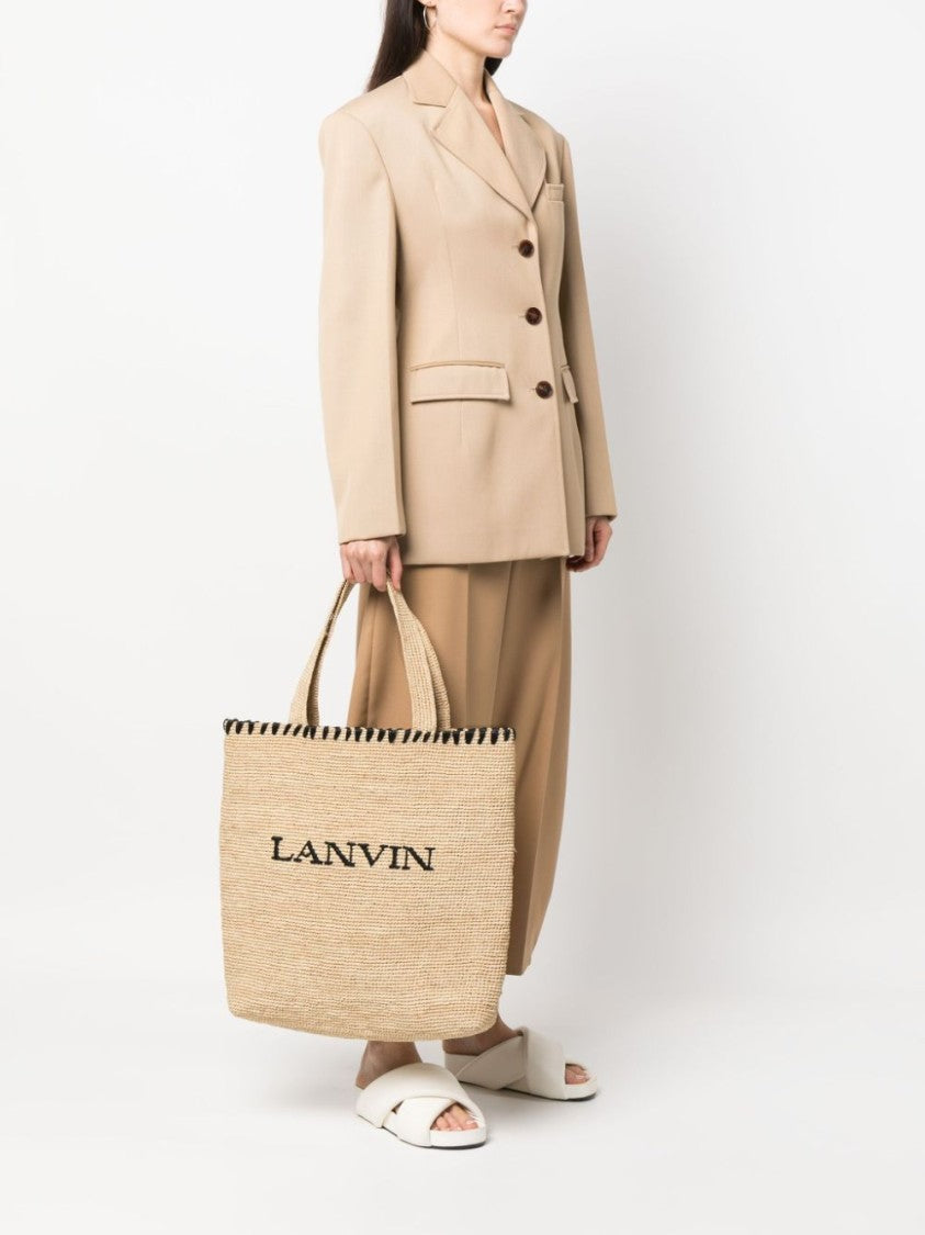 Lanvin Beige Raffia Embroidered Logo Tote Bag