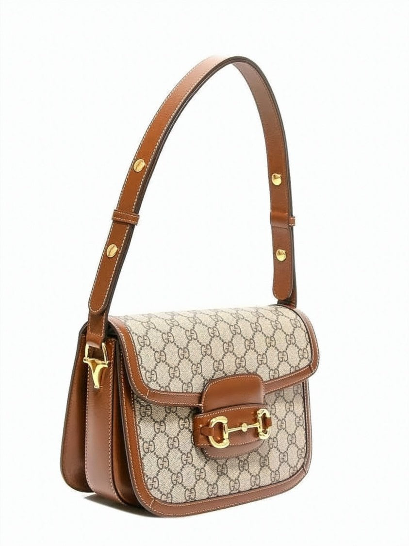 Gucci Structured Beige Canvas Horsebit Shoulder Bag With Leather Trimming