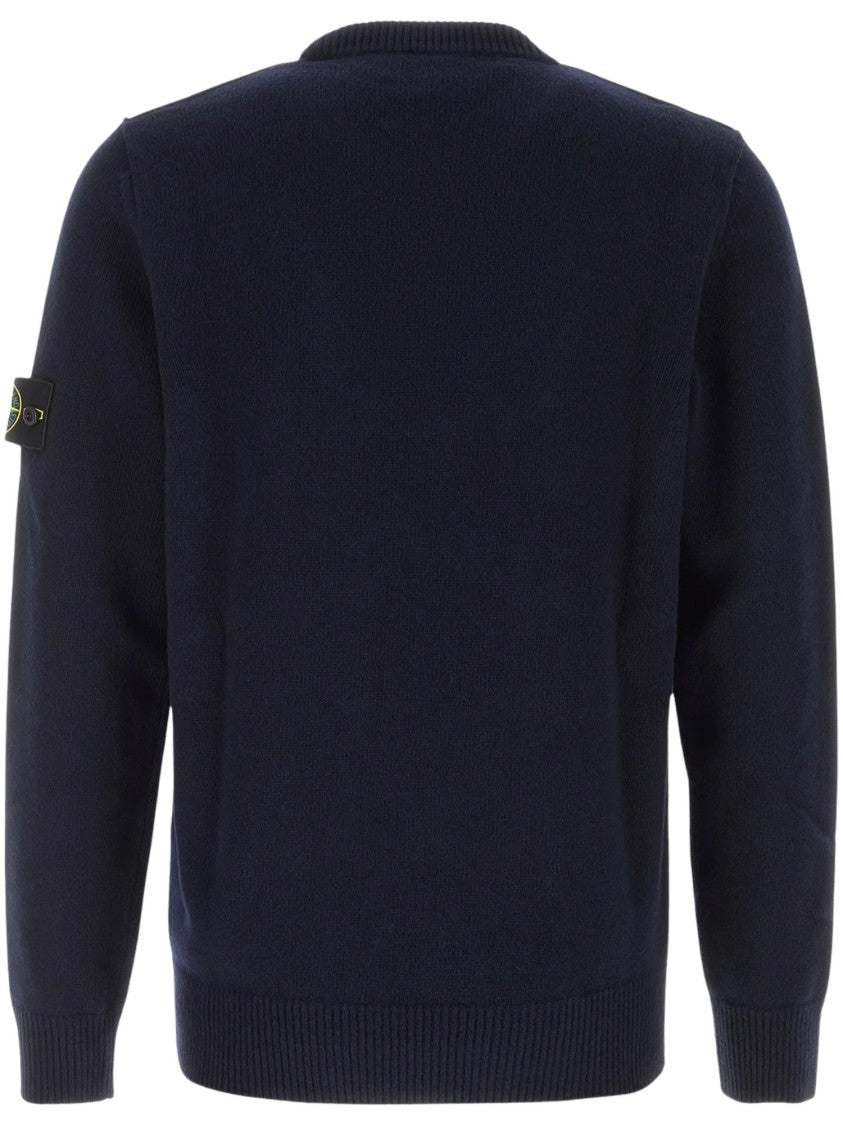 Stone Island Crew Neck Sweater In Deep Navy With Distinctive Logo