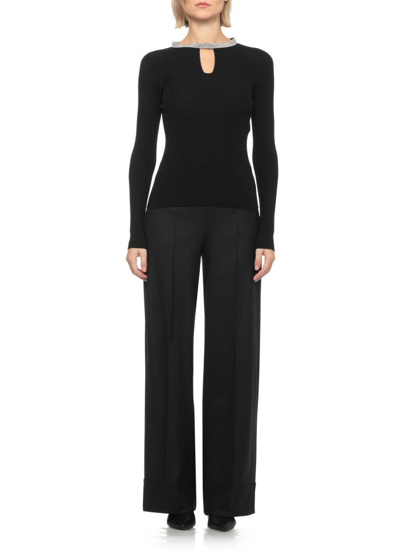 D. Exterior Black Ribbed Cut-Out Wool Turtleneck Sweater
