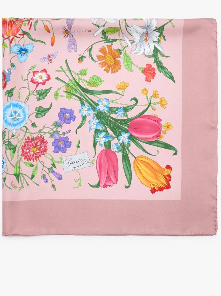 Gucci Pink Flora Red Twill Scarf