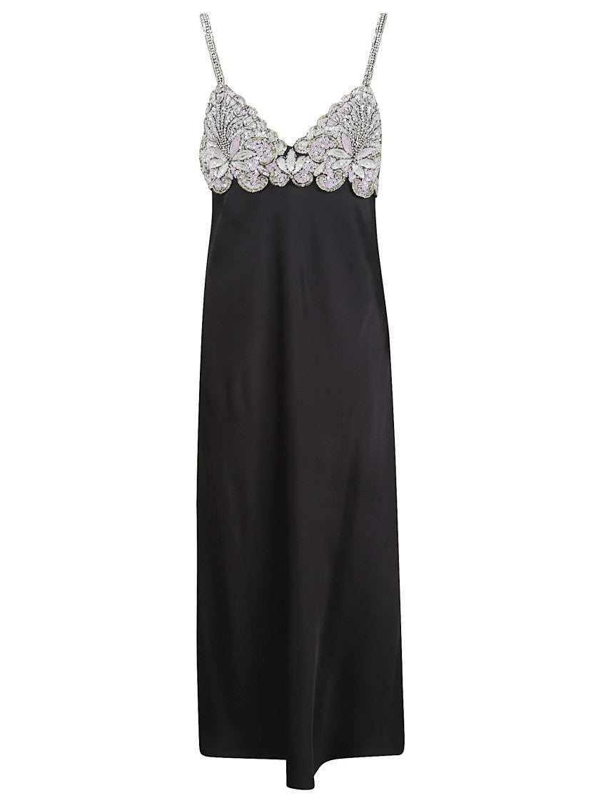 Valentino Garavani Floral Embellished Black Leather Midi Dress