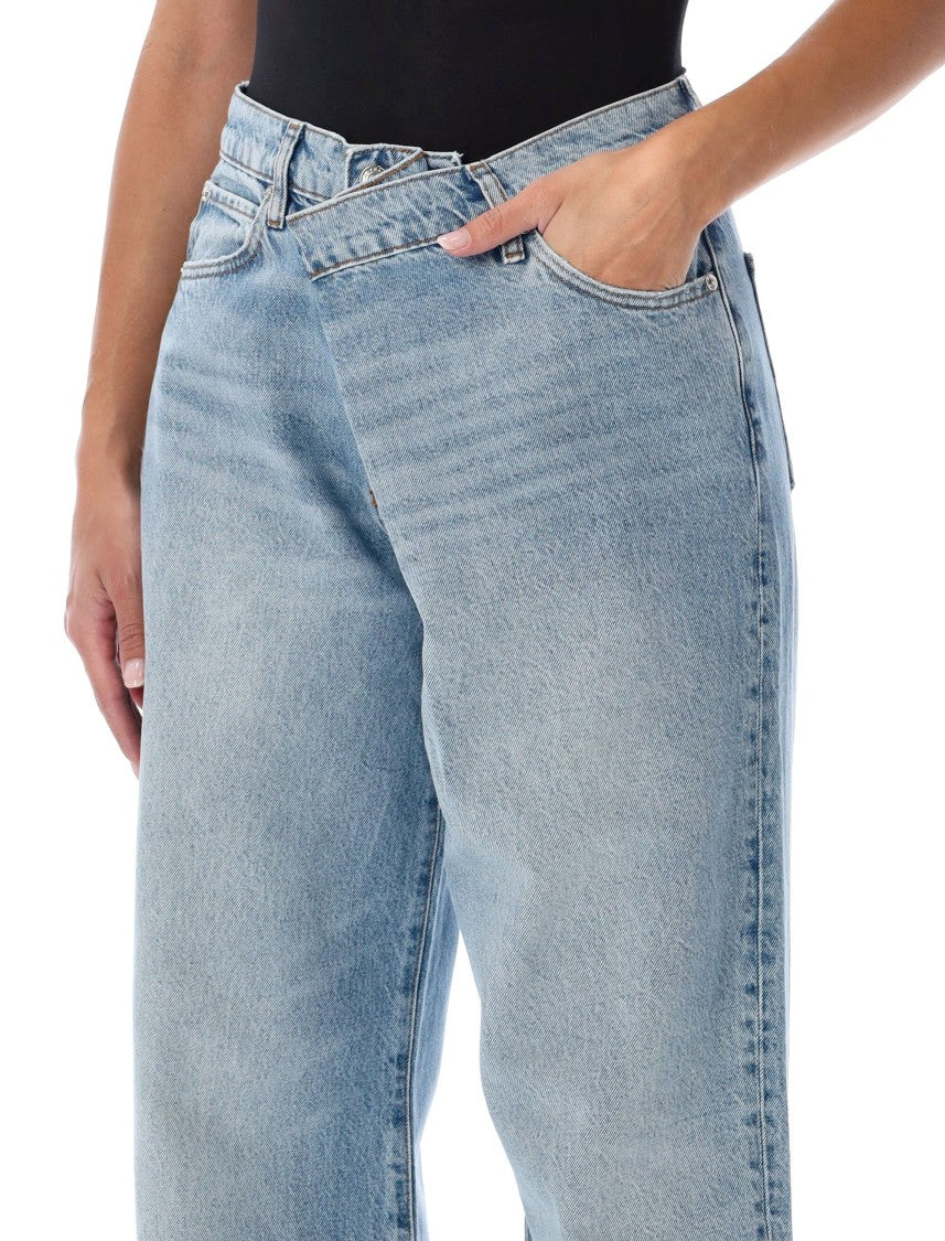 Frame Light Blue Denim Jeans With Asymmetrical Crossover Waistband