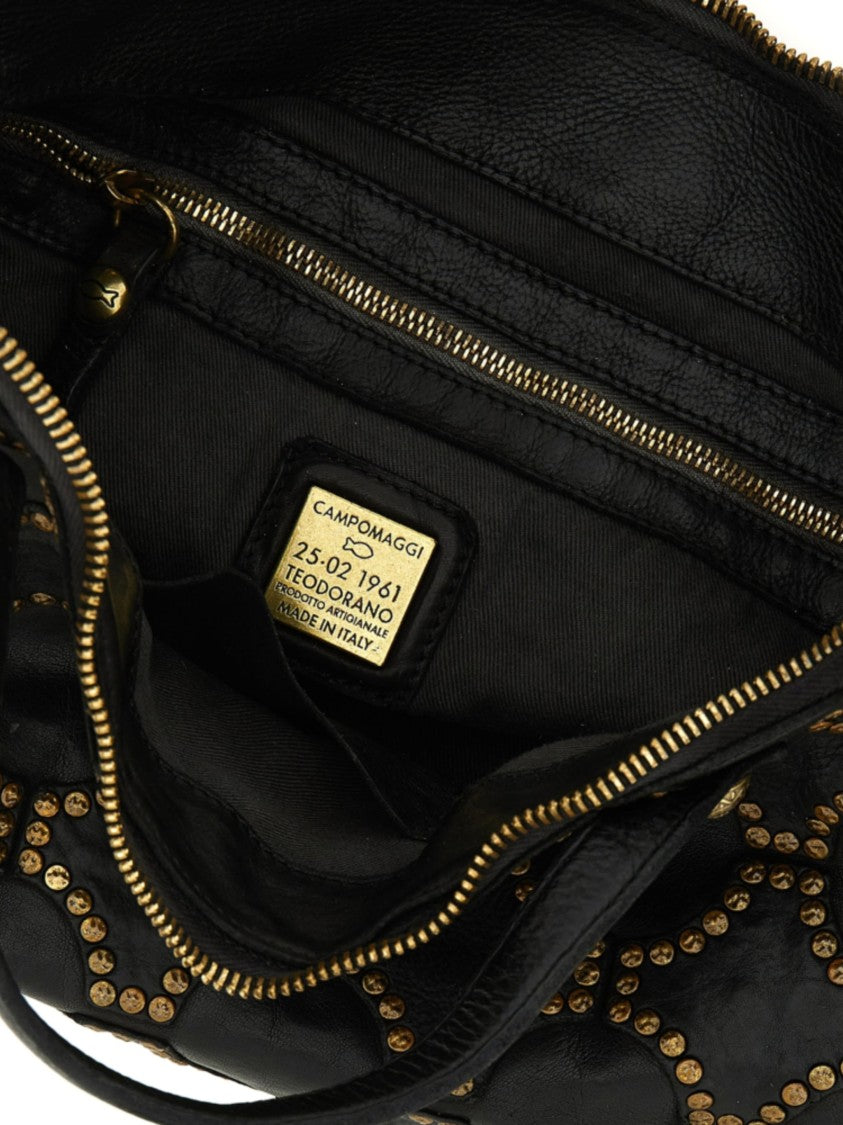 Campomaggi Black Leather Handbag With Circular Patch Design And Gold-Tone Studs