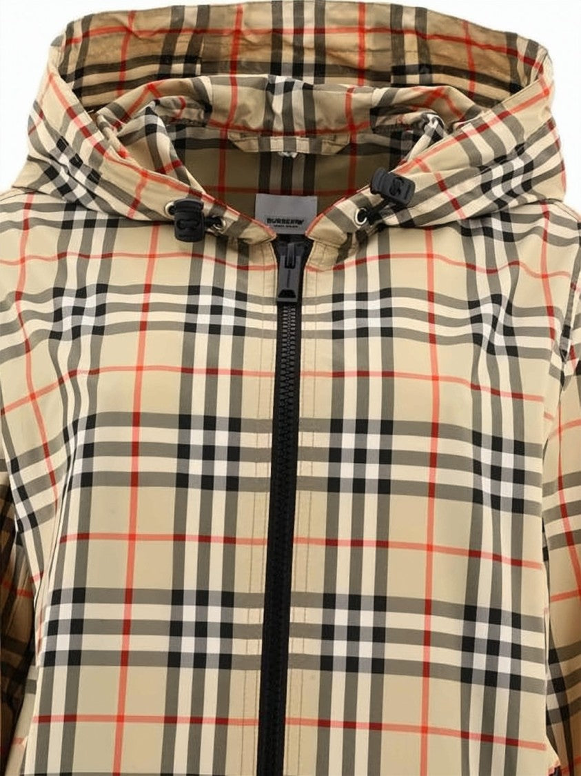 Burberry Check Pattern Hooded Jacket With Front Zipper Closure