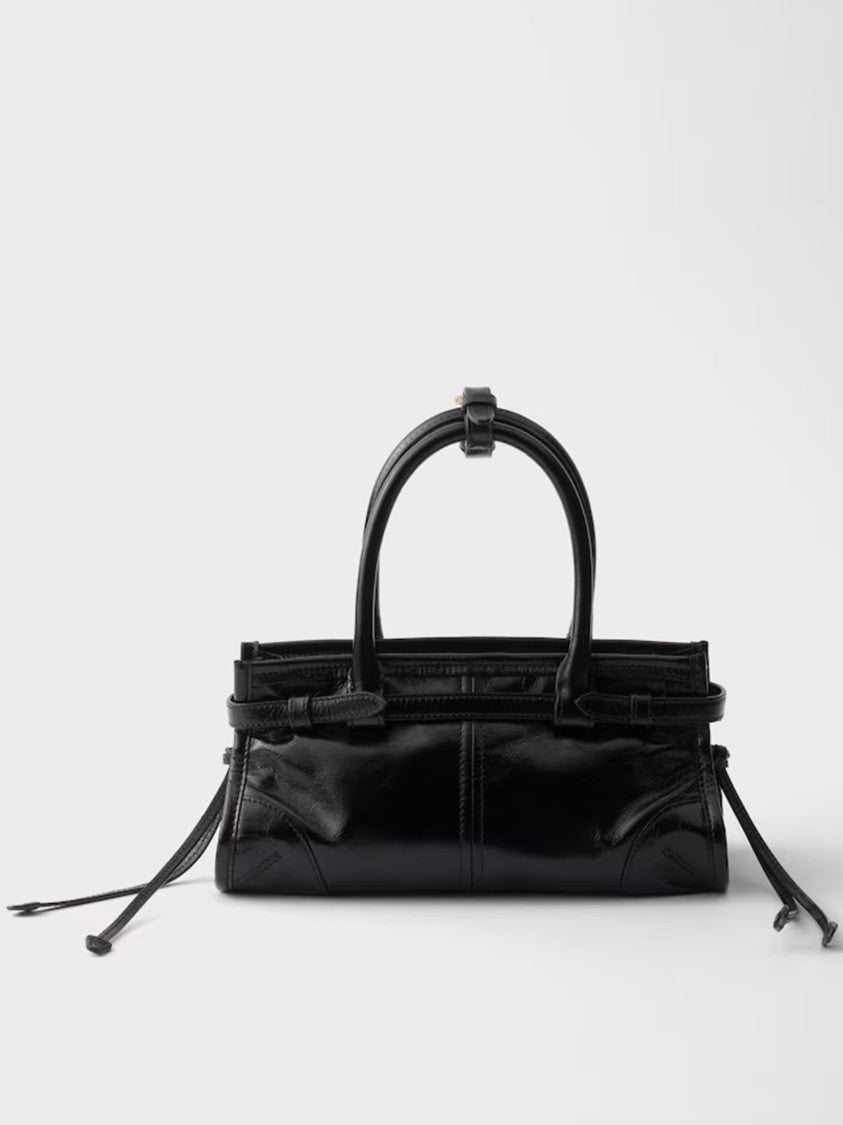Prada Mini Handbag With Glossy Black Finish And Gold Accents