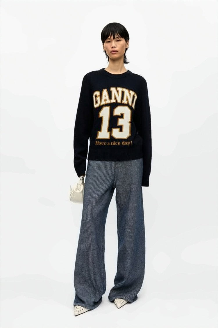 Ganni Classic Crew Neck Sweater With Graphic Text