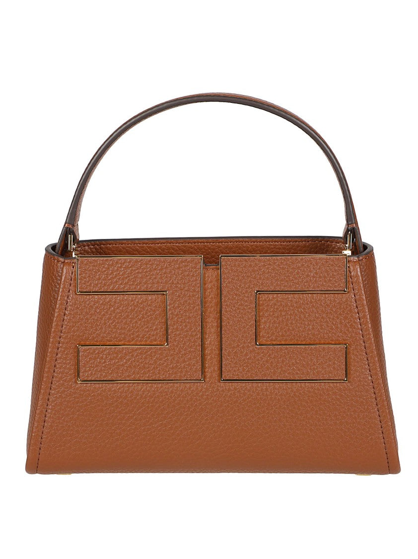 Elisabetta Franchi Textured Brown Handbag With Geometric Design And Top Handle