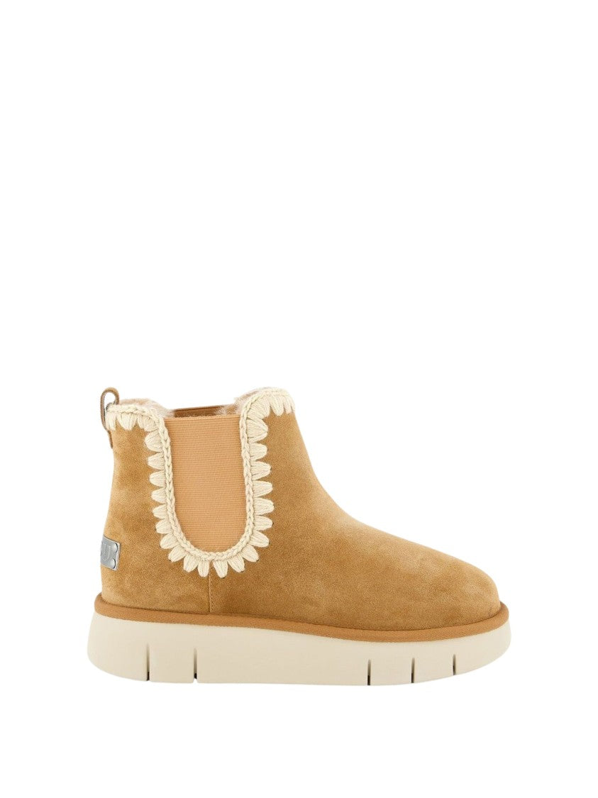 Mou Bounce Brown Crocheted Wool Trim Suede Ankle Boots