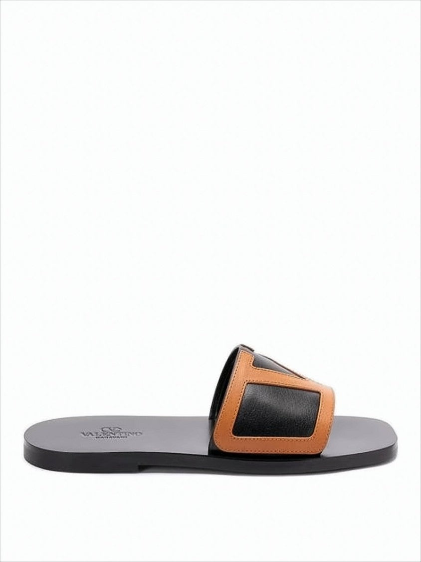 Valentino Leather Slide Sandals With Distinctive 'V' Design