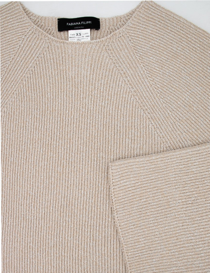 Fabiana Filippi Ribbed Sand Cotton Sweater With Three-Quarter Sleeves