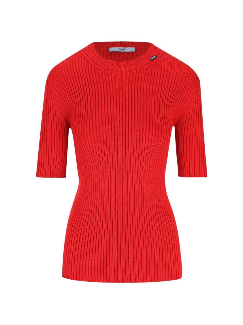 Prada Fitted Ribbed Top With Round Neckline And Subtle Branding