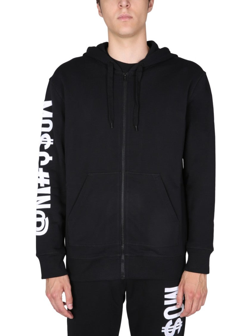 Moschino Logo-Embroidered Black Zip-Up Hoodie With Drawstring