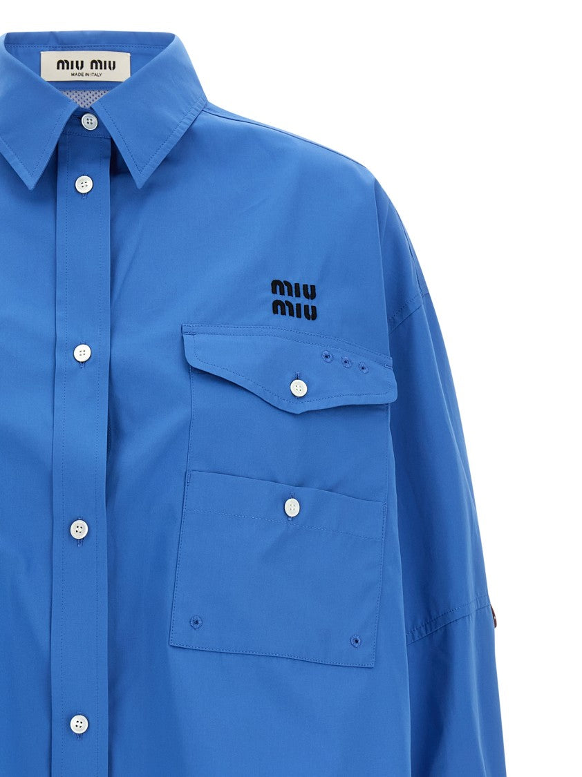 Miu Miu Cropped Cotton Poplin Overshirt With Mesh Insert And Logo Detail