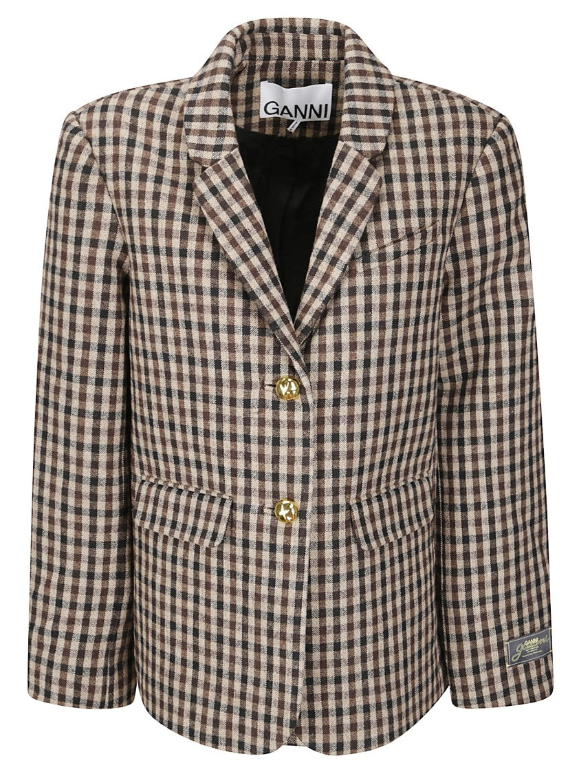 Ganni Oversized Check Wool Mix Blazer