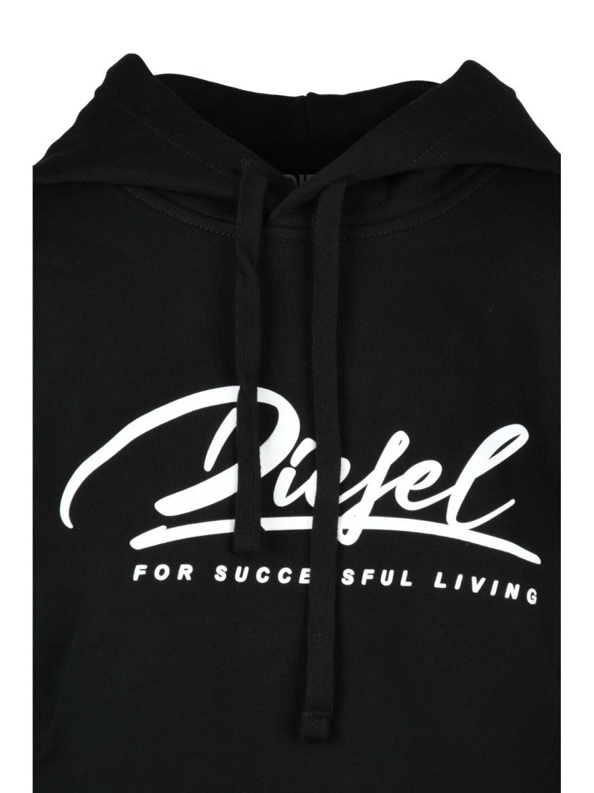 Diesel Cropped Black Hoodie With Drawstring Hood And Bold Logo