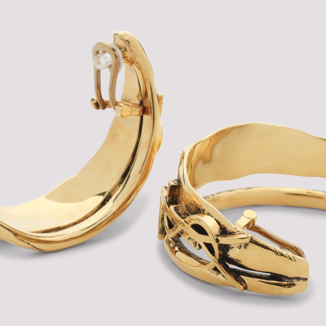 Saint Laurent Patine Gold Brass Creole Charm Cassandre Earrings