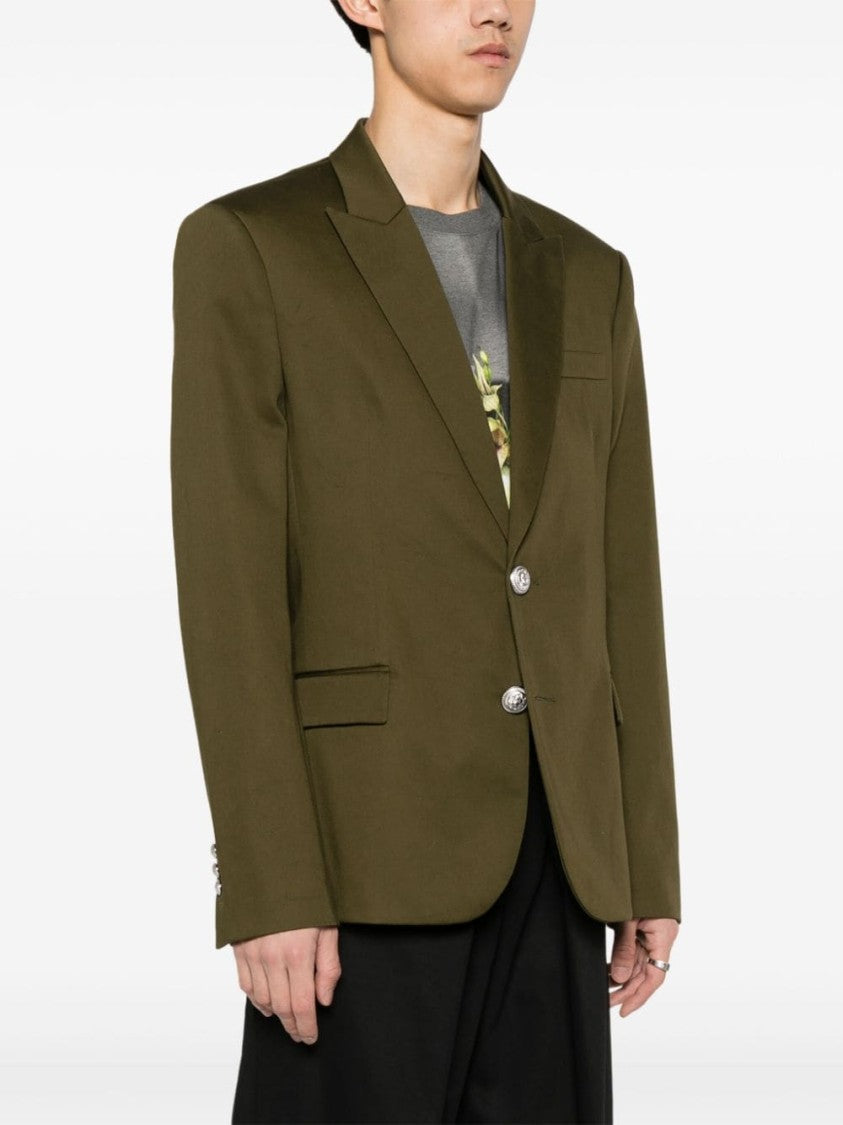 Balmain Peak Lapel Olive Green Cotton Gabardine Blazer