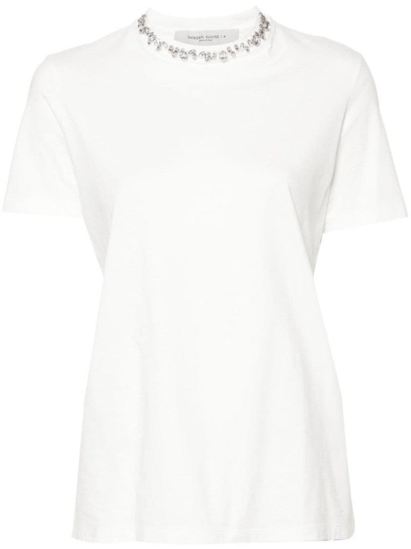Golden Goose Ribbed White T-Shirt With Sparkling Embellishments