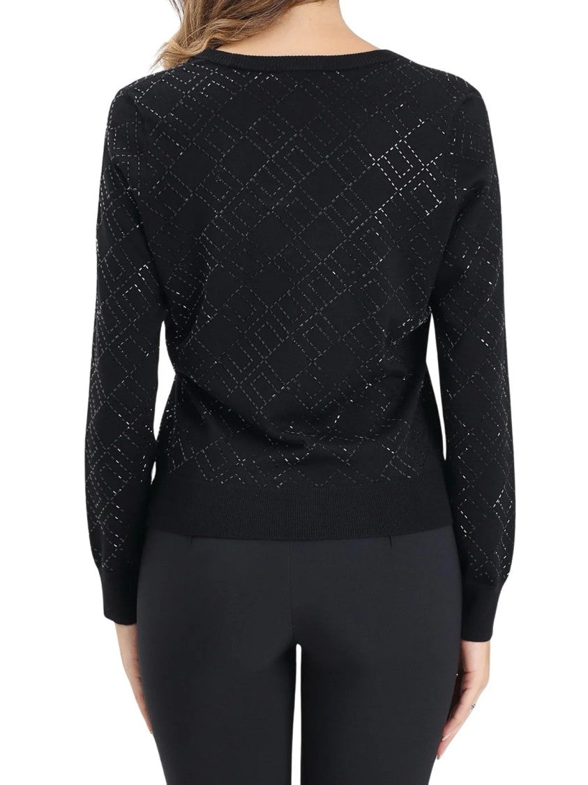 Elisabetta Franchi Black Wool Cardigan With Sequin Embroidery And Button Closure