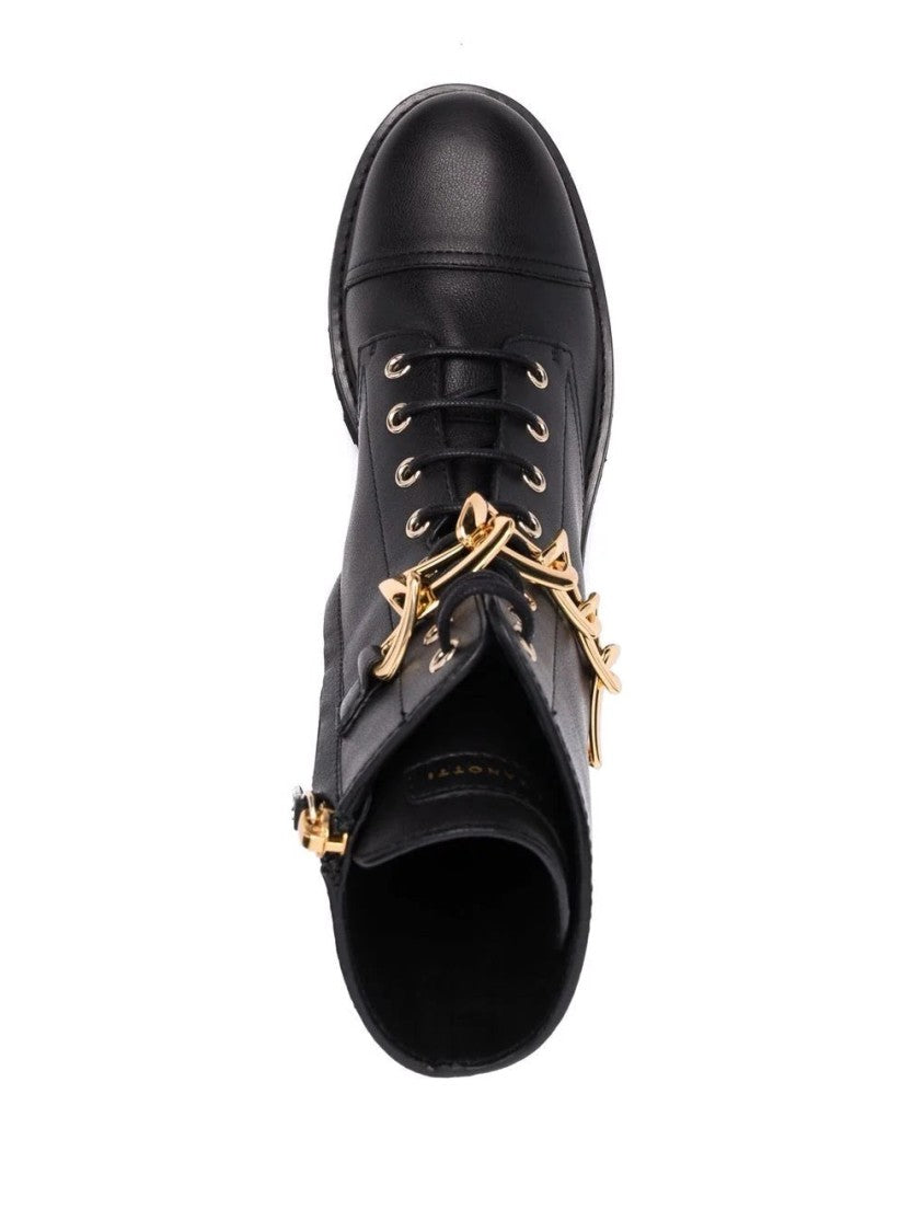 Giuseppe Zanotti Black Leather Biker Boots With Oversized Gold Chain Detail