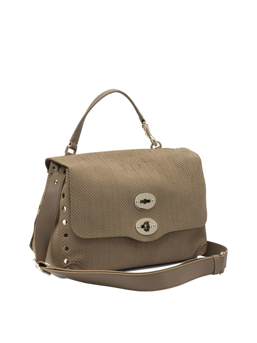 Zanellato Beige Suede Shoulder Bag With Structured Flap And Metallic Accents