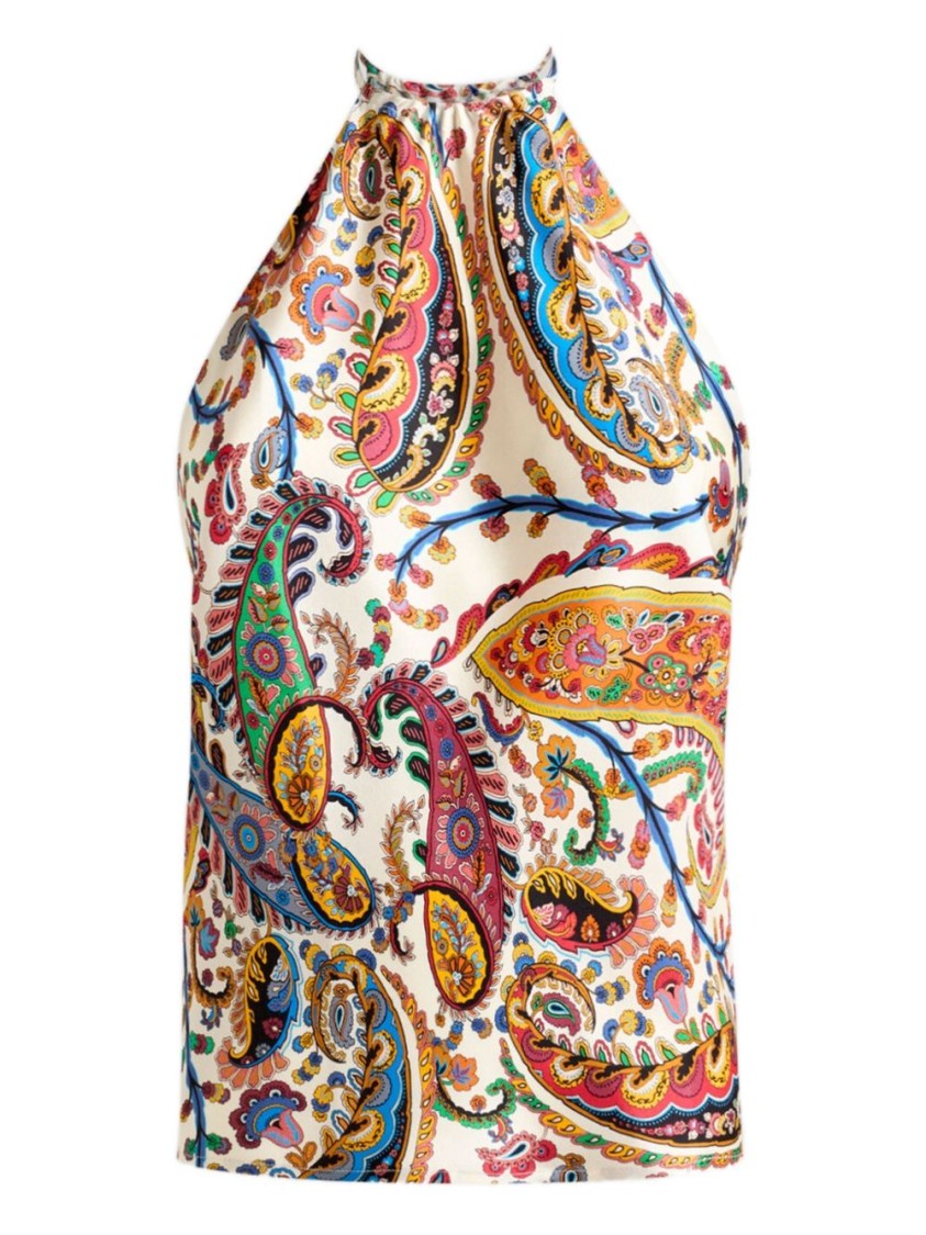 Etro Halter Neck Multicolor Paisley Print Silk Top