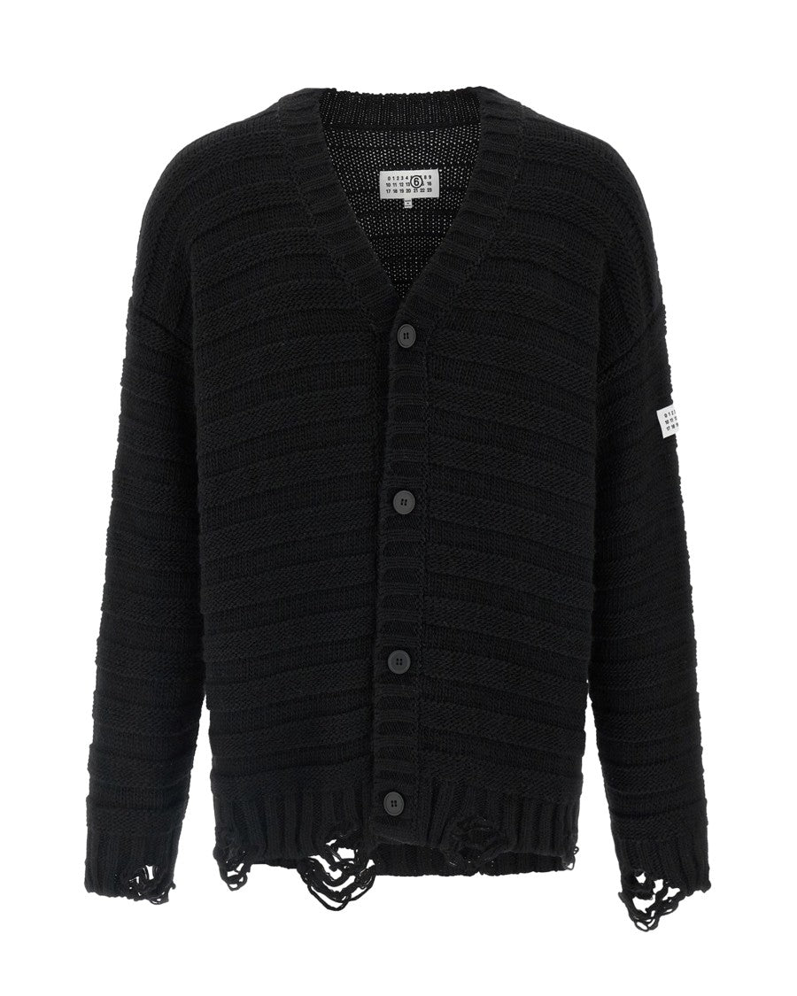 Mm6 By Maison Margiela Destroyed Black Cardigan With V-Neckline And Textured Knit