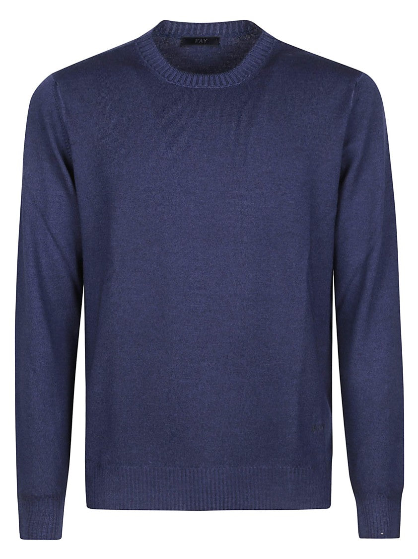 Fay Round Neck Blue Virgin Wool Sweater