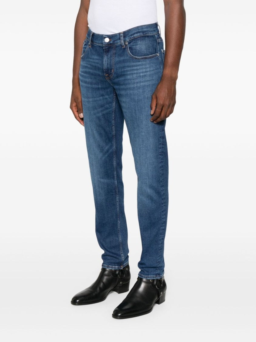 7 For All Mankind Indigo Blue Straight Leg Trousers With Classic Five-Pocket Design And Embroidered Motif