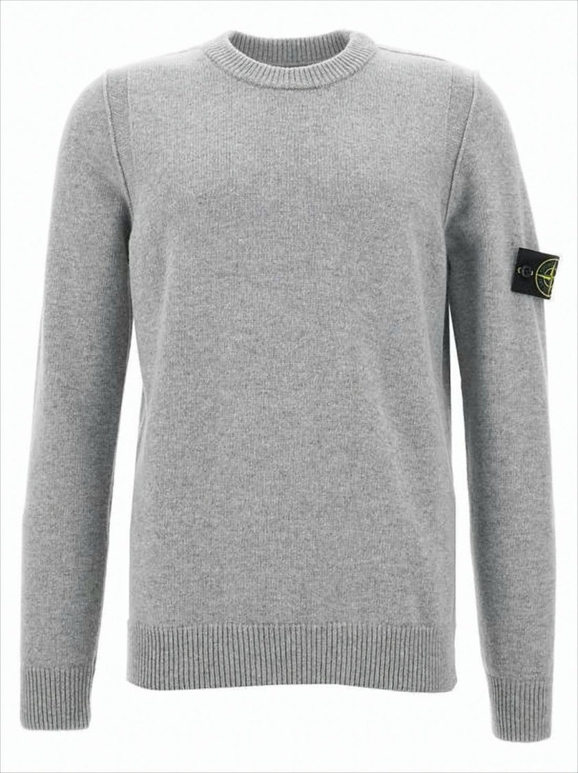 Stone Island Classic Crew Neck Grey Knitwear Sweater With Compass Patch
