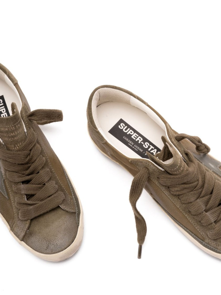 Golden Goose Low-Top Sneakers With Distressed Olive Green Silk