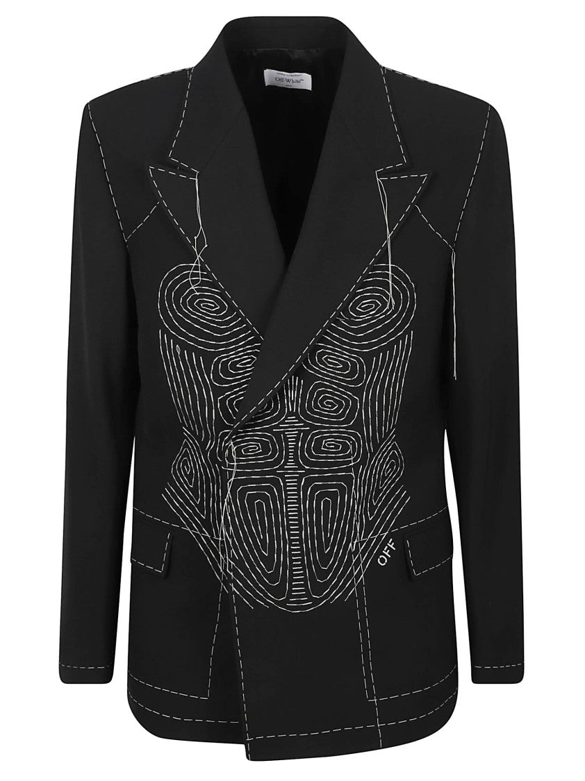 Off-White Tailored Embroidered Black Jacket With Classic Lapel