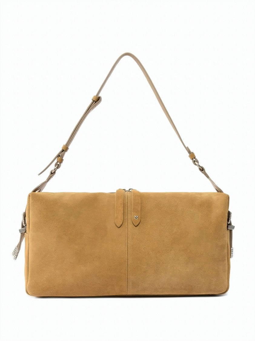 Pinko Beige Suede Decorative Buckle Shoulder Bag