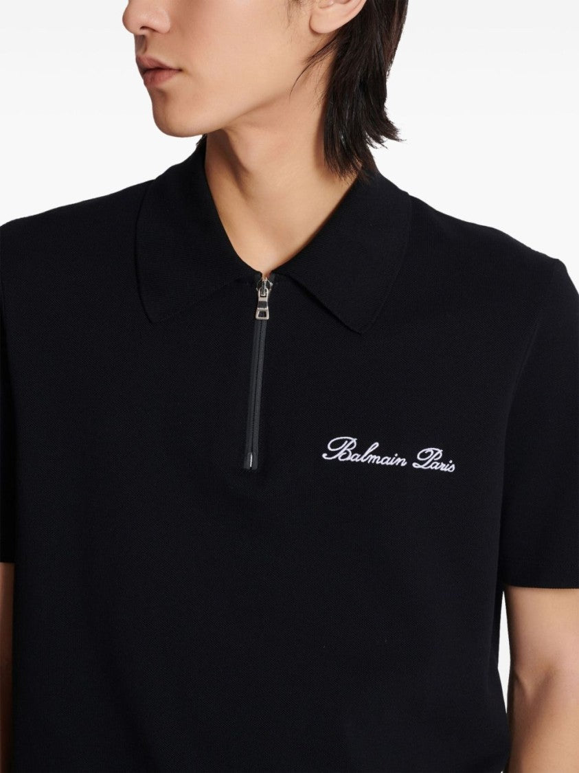 Balmain Black Cotton Piqué Zip Front Polo