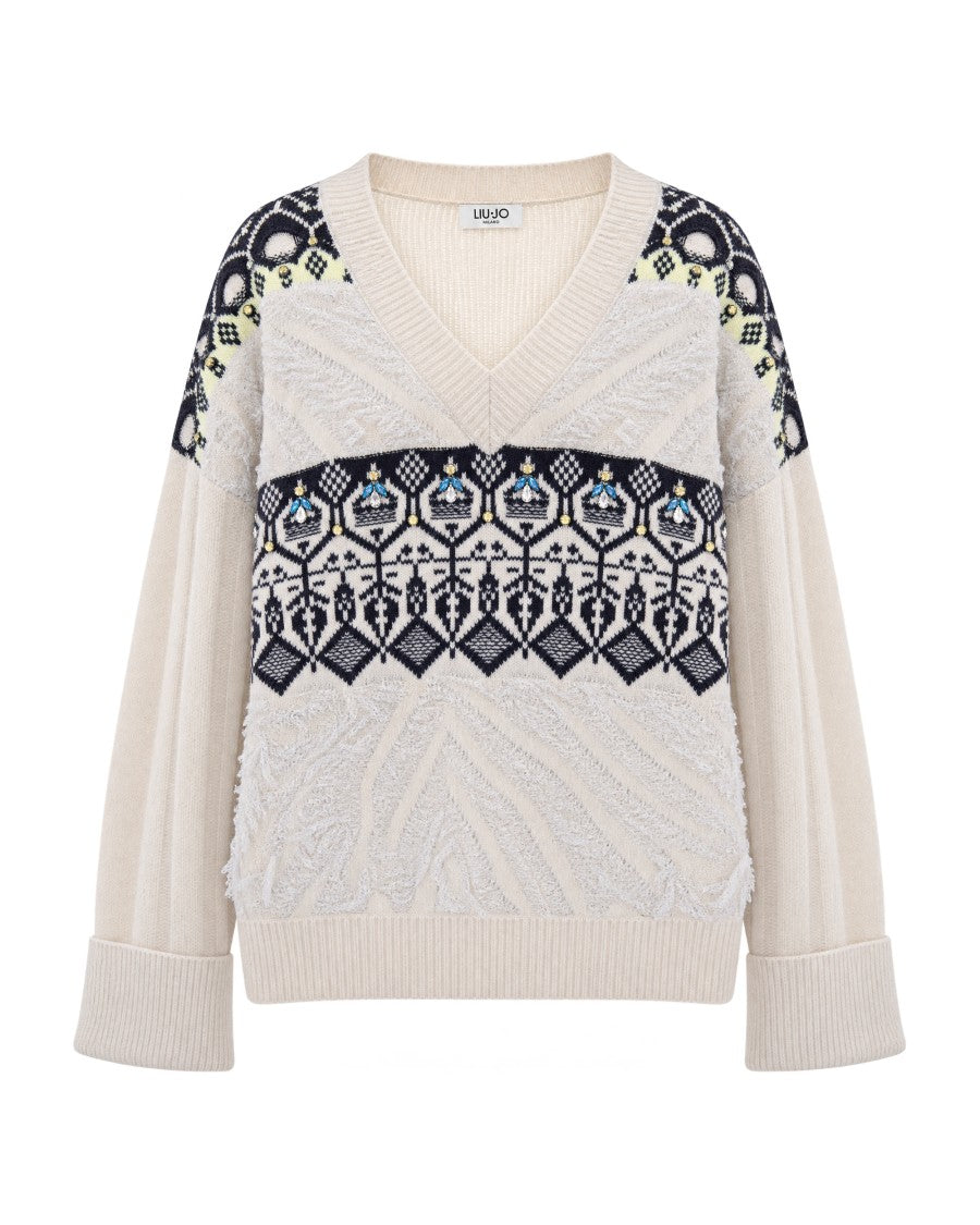 Liu Jo Natural Beige Fair Isle V-Neck Sweater