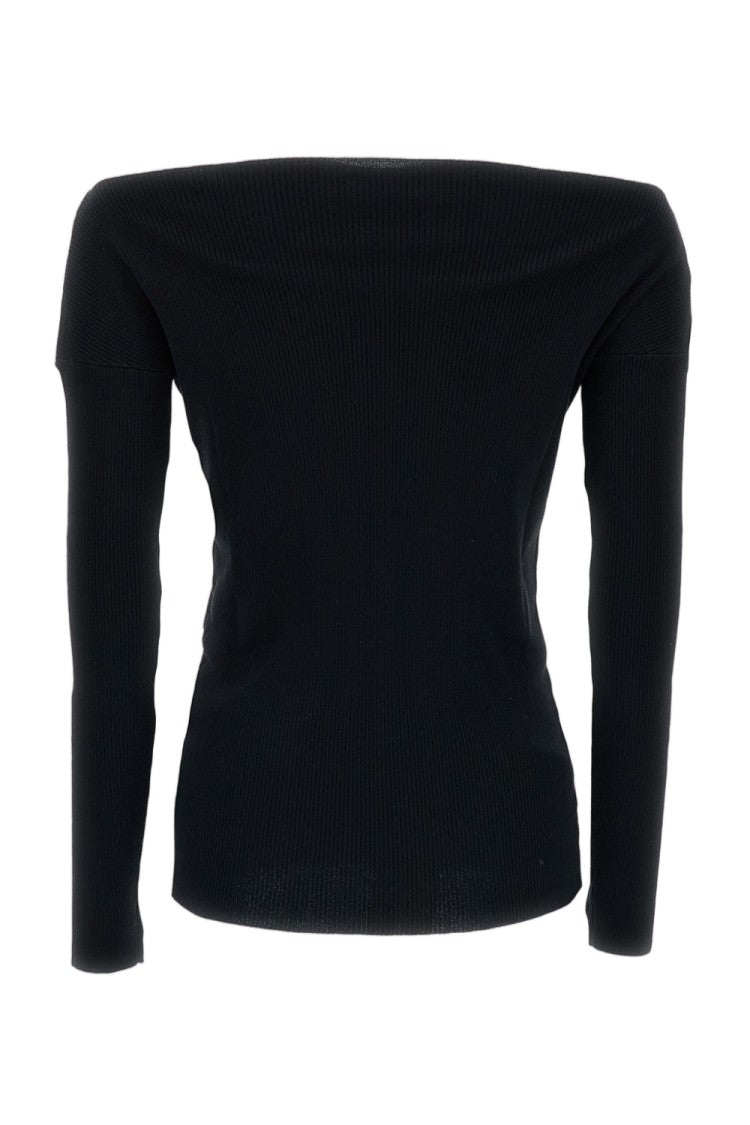 Parosh Black Ribbed Wool Off-Shoulder Top