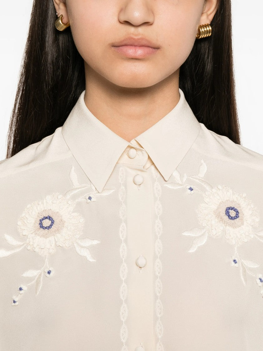 Valentino Neutral Floral Embroidered Puff Sleeve Shirt