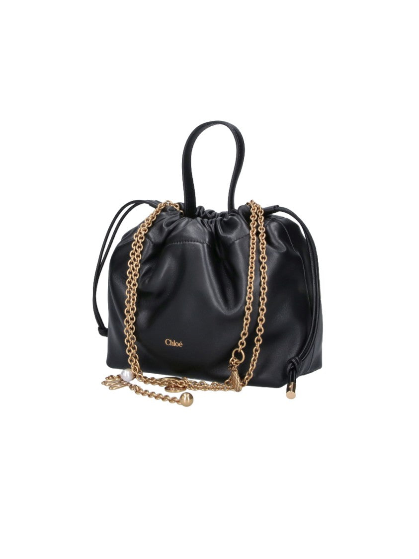 Chloé Gathered Black Leather Handbag With Gold-Tone Chain