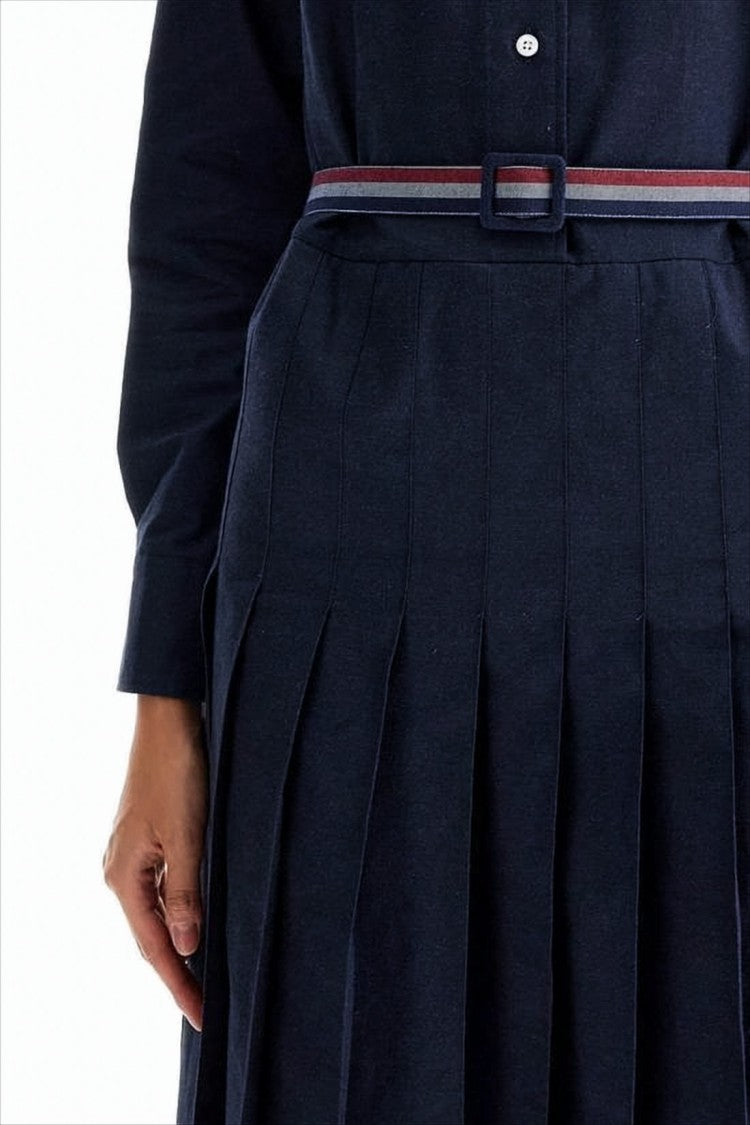 Thom Browne Pleated Midi Dress With Classic Collar And Waist Belt